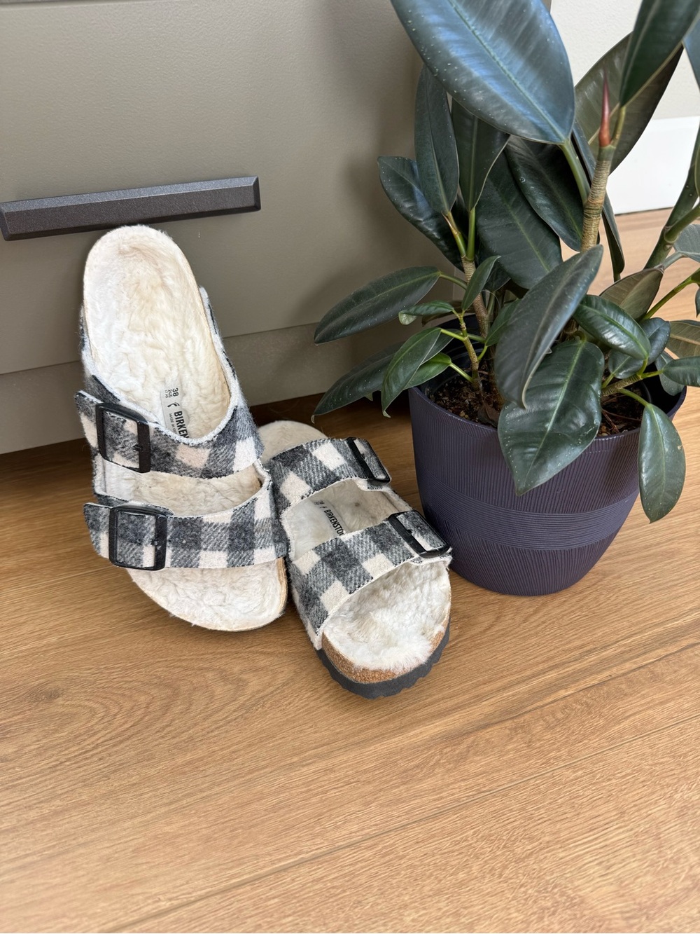 Birkenstock Plaid Fuzzy Double-Buckle Slides in Black & Cream